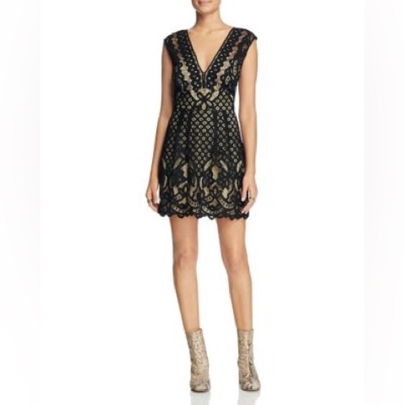 FREE PEOPLE One Million Lovers Lace Mini Dress Black / Nude LBD 2 - Picture 2 of 12
